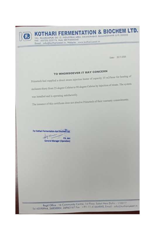 Performance Certificate — Kothari Fermentation