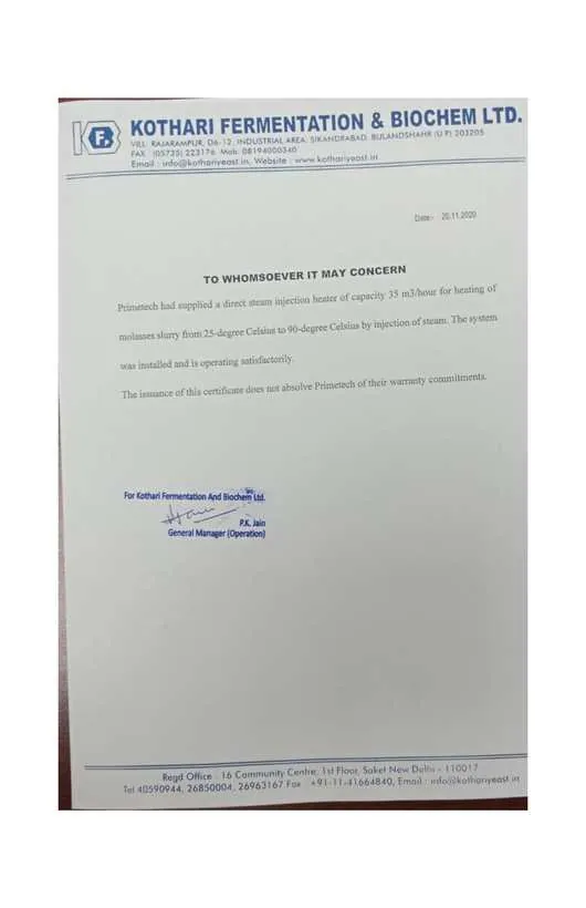 Performance Certificate — Kothari Fermentation